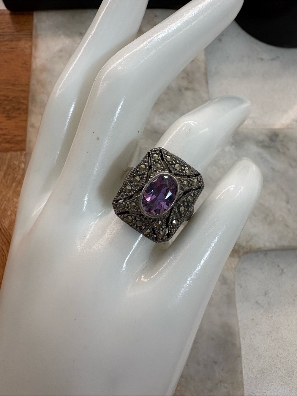 Vintage Sterling Silver Art Deco Cocktail Ring with Purple Stone - Size 6.75
